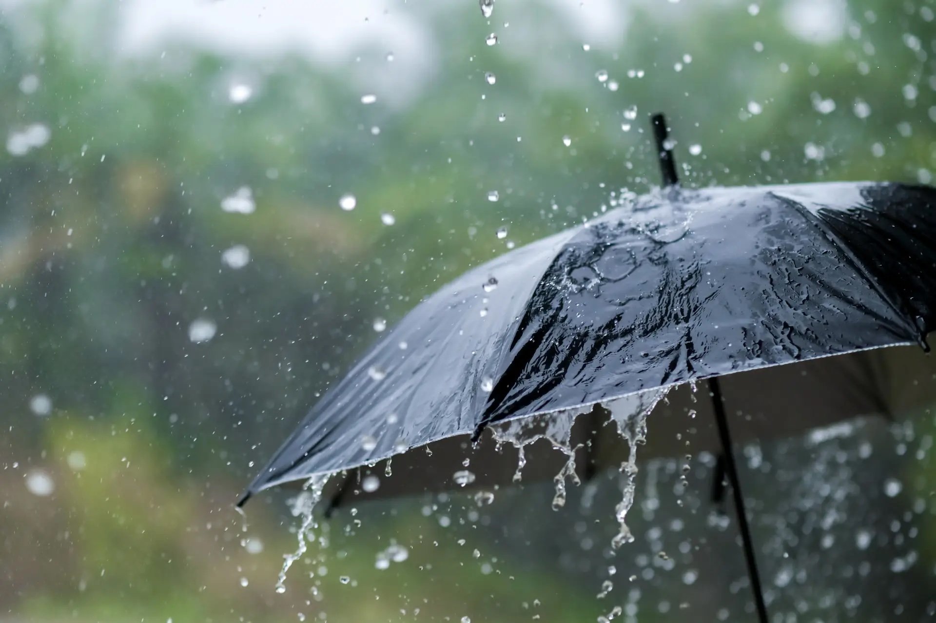 Guarda-chuva preto a ser atingido por chuva intensa, ilustrando condições meteorológicas adversas.