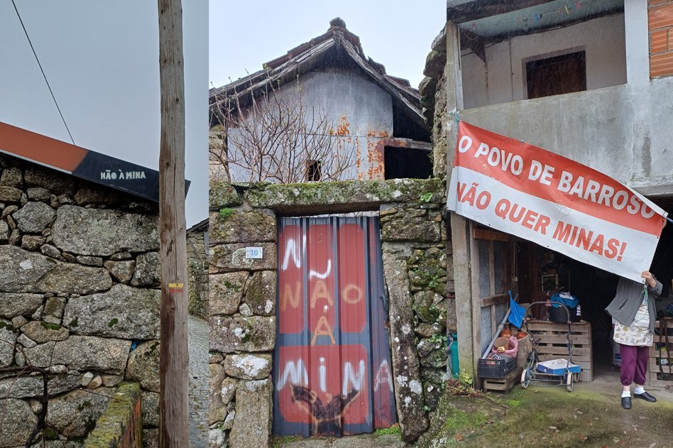 Faixas e cartazes de protesto em casas rurais de Barroso, com mensagens contra a exploração mineira de lítio, ilustrando a oposição da população local ao projeto referido no artigo.